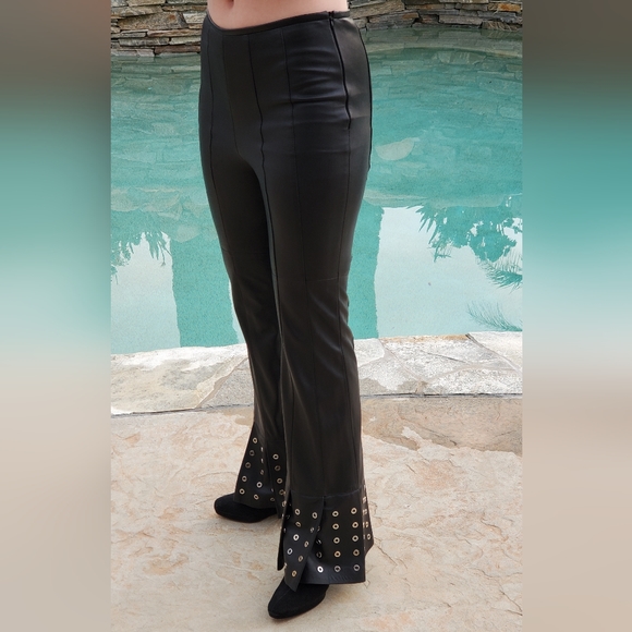 ESCADA BLACK LEATHER BELL BOTTOM PANTS - Picture 11 of 14